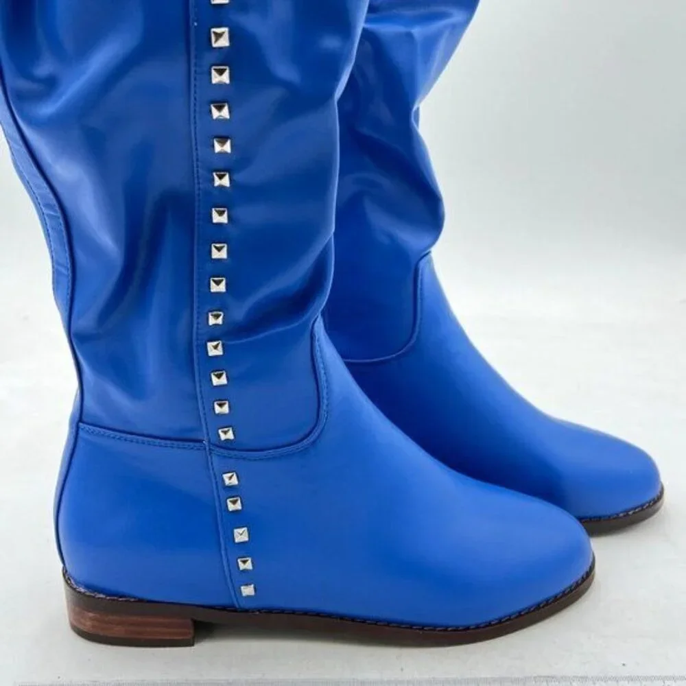 Blue Women Knee High Winter Riding Boots Pull On Round Toe Low Heel Studded Zip